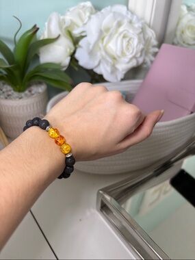 Men's Black Lava Bead Bracelet with Amber Accent Beads